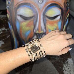 Elegant Multi-Layered Bracelet with Stone Accent. Cow hide leather hand made. US
